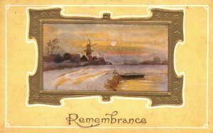 Vintage Postcard 1910's Remembrance Greetings Sunset Scene Lake Side Windmill