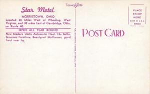 Morristown Ohio~Star Motel~National Highway~Route 40~1950s Postcard