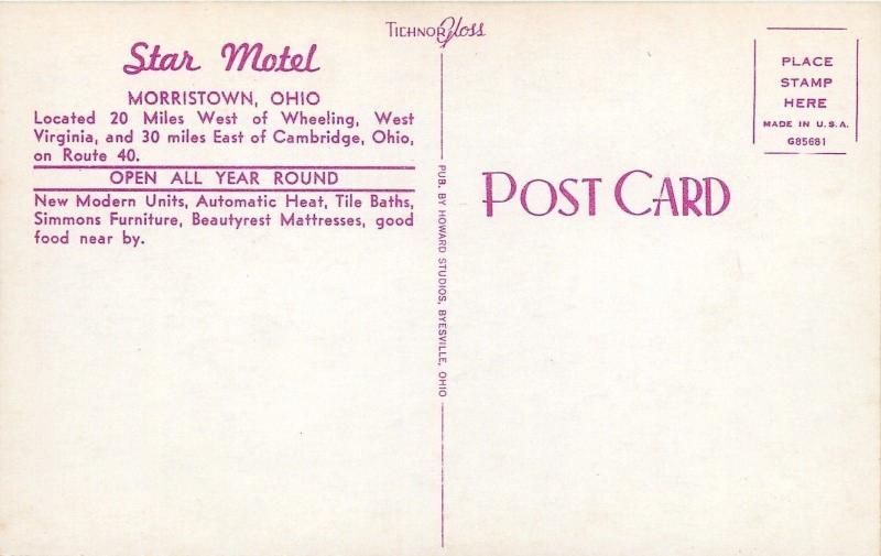 Morristown Ohio~Star Motel~National Highway~Route 40~1950s Postcard