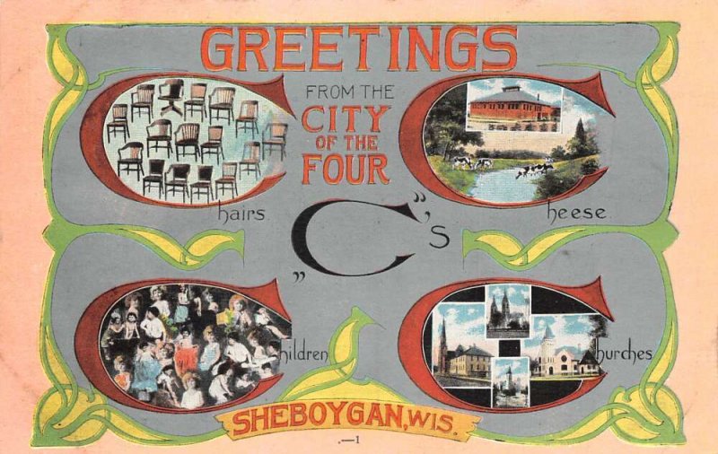 Sheboygan Wisconsin Greetings Chairs Cheese Churches Children Postcard AA60509