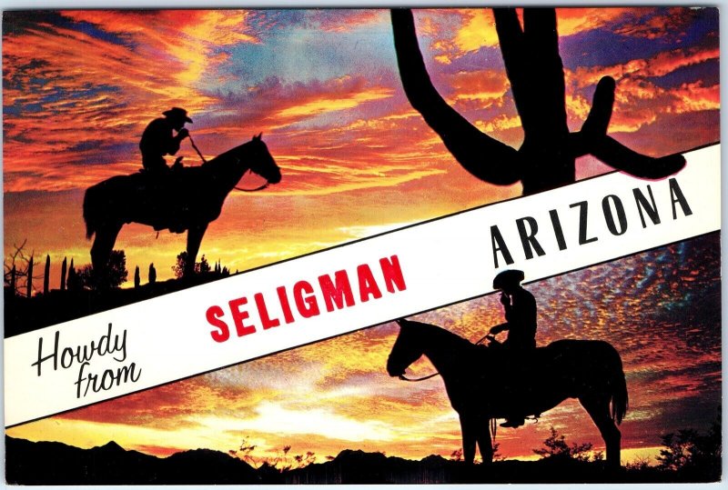 c1970s Seligman, AZ Greetings from Sunset Cowboy Horse Smoking Unposted 4x6 M13