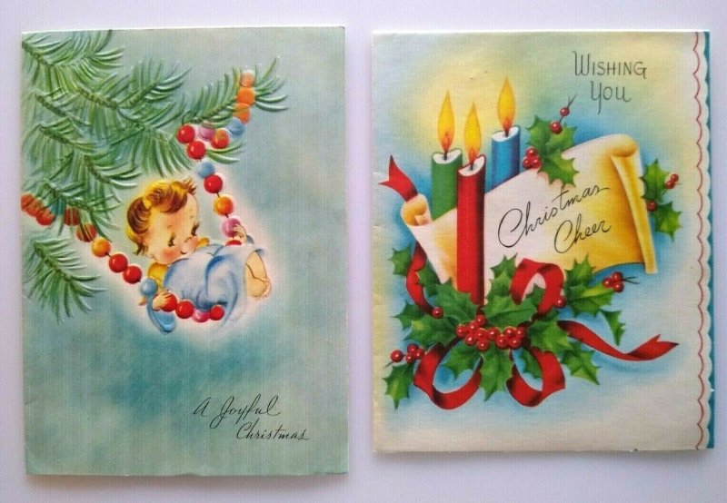 Christmas Greeting Cards Lot Of 2 Vintage Cute Baby Swinging From Tree 1946