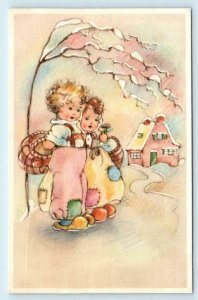 ARTISTIC Winter Scene ~ CUTE BOY & GIRL w/BASKETS c1940s Belgian  Postcard