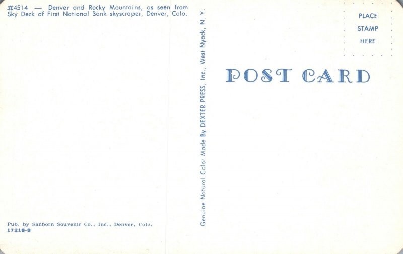 Vintage Postcard Rocky Mountains Sky Deck First National Bank Denver CO