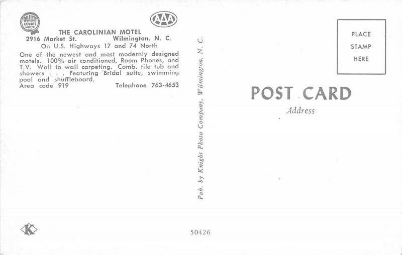 Wilmington North Carolina 1960s Postcard The Carolinian Motel