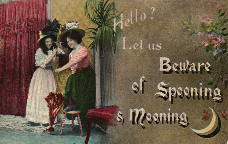 Vintage Postcard 1910 Hello? Ley us Beware of Spooning & Mooning Two Woman