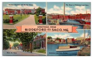 1944 Greetings from Biddeford and Saco, Maine Postcard