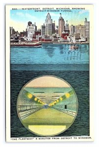 Waterfront Detroit Michigan Showing Detroit-Windsor Tunnel c1936 Postcard