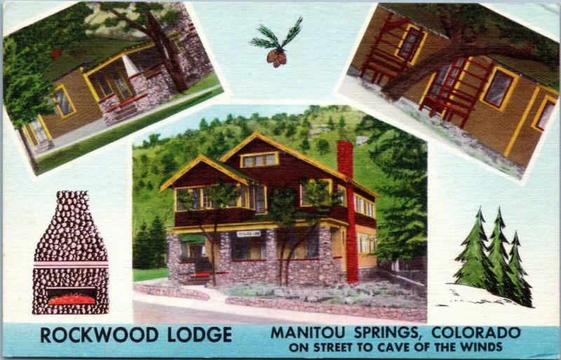 postcard CO -Rockwood Lodge on street to Cave of the Winds Manitou Springs