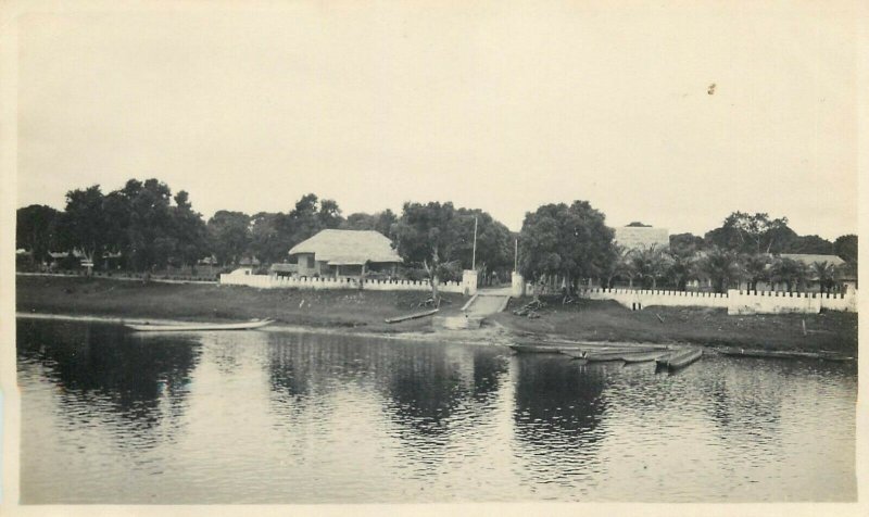 Belgian Congo real photo village river banks boats