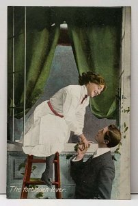 The Forbidden Lover, Woman Climbs out Window to Lover, London Serie Postcard B16