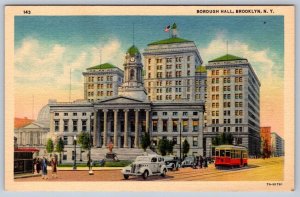 Borough Hall, Brooklyn, New York, Vintage Linen Postcard, Old Cars And Trolley