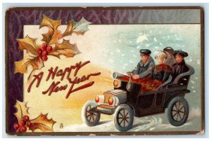1911 Happy New Year Women Riding Car Holly Berries Embossed Tuck's Postcard
