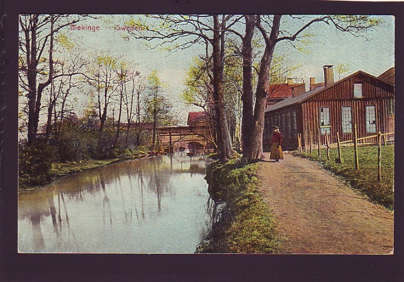 P1542 1911 used postcard blekinge, lady canal  village sweden