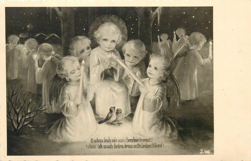 Artist singned J.W. cupids angels Engels candle light Germany 1934 postcard