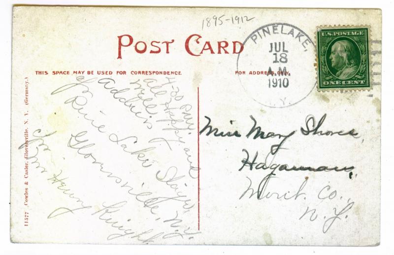 Pinelake to Hagaman, New York 1910 used Postcard, Caroga Lake Hotel