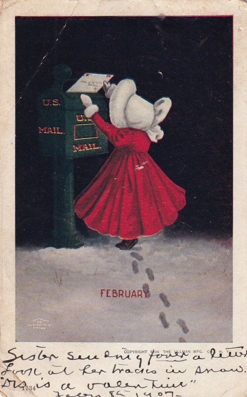 VALENTINE'S DAY, PU-1907; FEBRUARY, Girl wearing bonnet, letter in mailbox