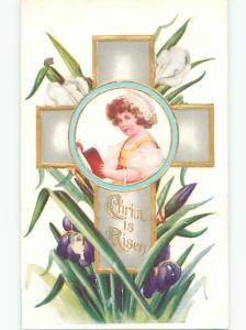 Pre-Linen easter religious GIRL READING BOOK INSIDE LARGE JESUS CROSS W7307