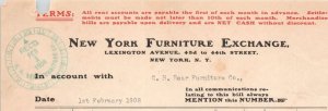 1908 Antique Billhead - NEW YORK FURNITURE EXCHANGE - New York, New York