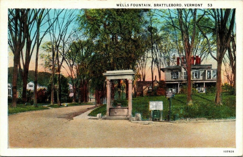 Wells Fountain Brattleboro Vermont VT Sunset Old House VTG Postcard WB UNP  