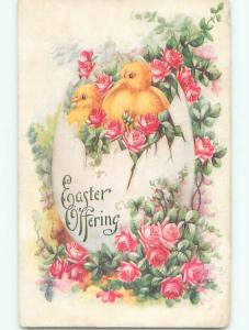 Pre-Linen easter CHICKS IN CRACKED EGG WITH PINK ROSE FLOWERS k2284