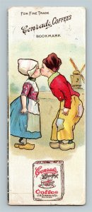 1909 Conrad's Coffee Calendar Bookmark Dutch Boy Girl Kissing Mailed Trade Card