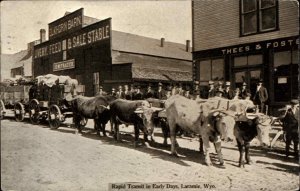 Laramie WY Rapid Transit Oxen Pulling Wagons Storefronts c1915 Postcard