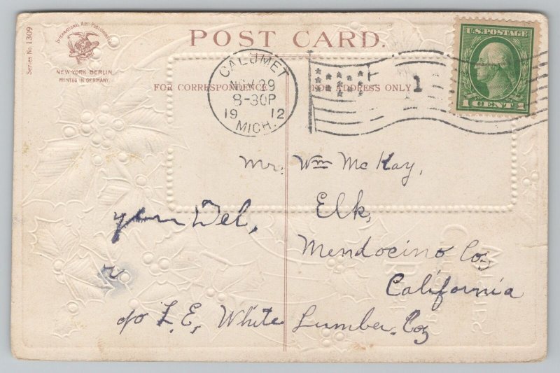 Christmas~Holly & Home By Mts~Vintage Postcard