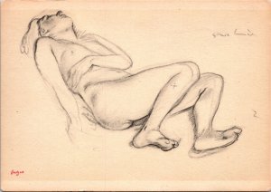 CONTINENTAL SIZE POSTCARD SIGNED ART NUDE WOMAN LYING AT THE LOUVRE PARIS