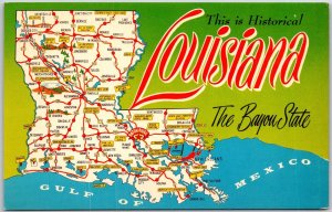 Louisiana LA, The Bayou State, Famous Places, Landmarks, Map, Vintage Postcard