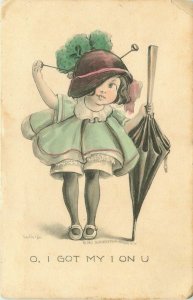 Little Girl Umbrella - O, I Got My I On U  Vintage Divided Back Comic Postcard