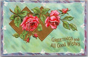 Greetings and All Good Wishes Rose Flowers Bordered Posted Postcard