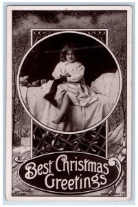 c1910's Best Christmas Greetings Little Girl Holding Stocking Antique Postcard