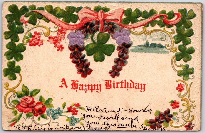 1909 A Happy Birthday Flowers And Leaves Red Ribbon Design Posted Postcard