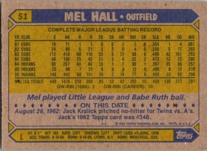 1987 Topps Baseball Card Mel Hall Cleveland Indians sk2369