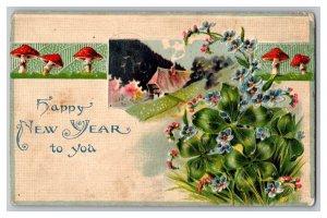 c1907 Vintage Postcard Happy New Year To You Embossed Card Flowers Mushrooms 