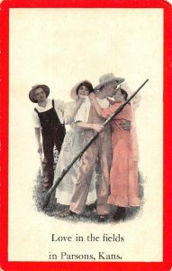 LOVE IN THE FIELDS IN PARSONS KANSAS FARMING ROMANCE POSTCARD (c. 1910)