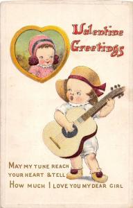 B32/ Valentine's Day Love Holiday Postcard c1910 Guitar Kids 1