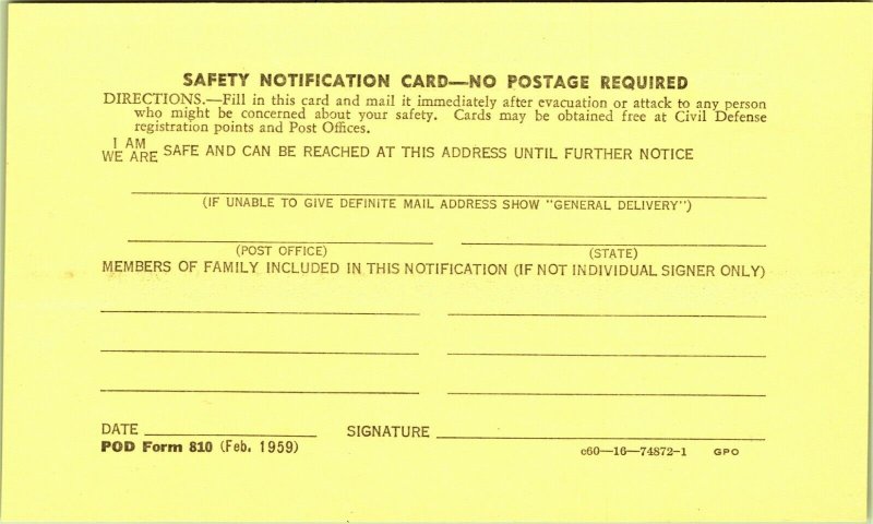 2 Civil Defense Safety Notification Evacuation Post Cards POD form 810 Feb 1959