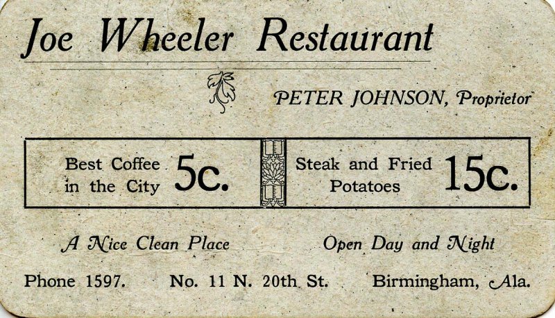 Joe Wheeler Restaurant, Birmingham, AL ca 1905  RR Rates & Distances(4.25 X ...