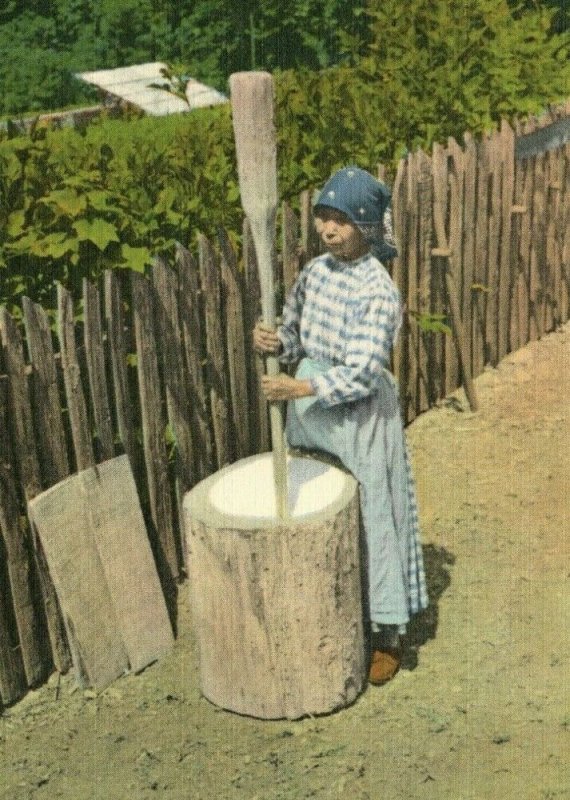 Vintage Postcard 1930s Woman Grinding Maize in Primitive Fashion Smoky Mountains 