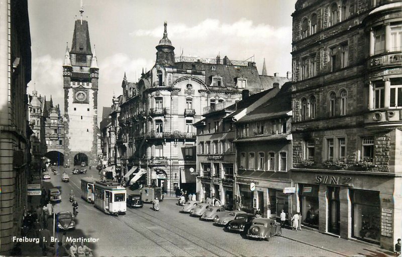 Postcard Germany freiburg martinsor church clock tower street tram architecture