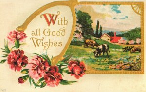 Vintage Postcard With All Good Wishes Flower With Farming Pastoral Background