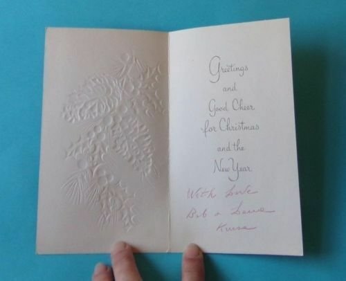 Vtg 1950's Christmas Card Famous Artists Studios Embossed Glitter Pine Cone #15