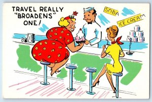 Humor Fat Woman With Ice Cream Travel Really Broadens One Vintage Postcard