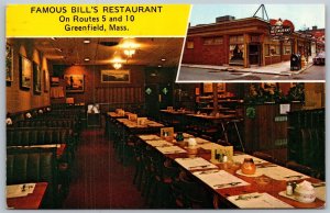 Vtg Greenfield Massachusetts MA Famous Bill's Restaurant 1970s View Postcard