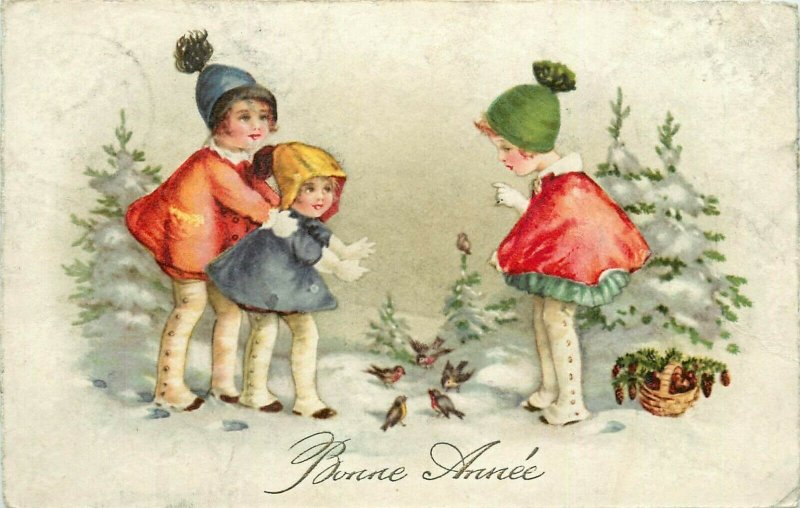 New Year Children Winter Games Birds Fantasy Vintage Postcard Bonne Annee