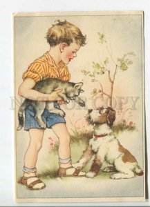 480746 East Germany GDR Linge boy with cat and dog fox terrier Vintage postcard