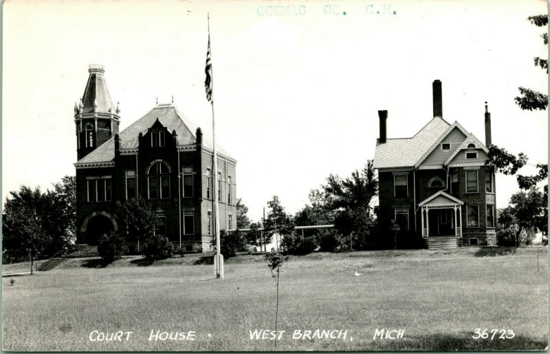 Vtg Postcard 1940s RPPC West Branch Michigan MI Ogemaw County Courthoue UNP