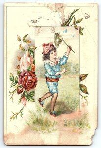 c1880 BOY CHASING BUTTERFLIES D A BERRY STORE MO COFFEE TRADE CARD  Z5215